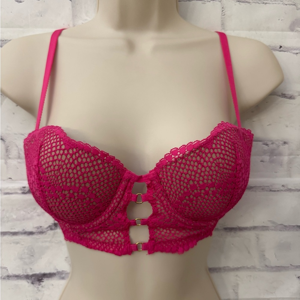 Adored By Adore Me Bra 32B Morgan Natural Lift Lace Push Up Hot Pink Sexy‎